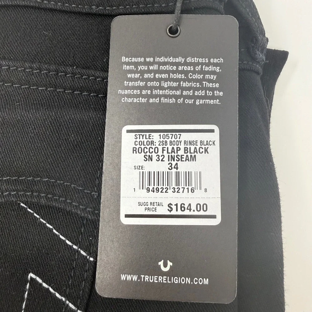 True Religion Rocco Relaxed Skinny Flap Black Jeans 105707 Mens 34x32 NEW